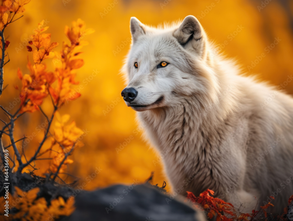 Naklejka premium Arctic Wolf in its Natural Habitat, Wildlife Photography, Generative AI