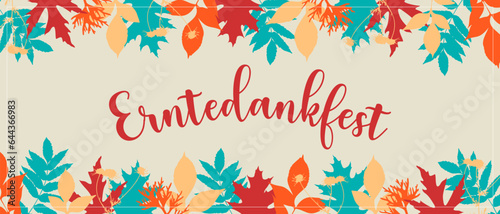 Banner with german text Erntedankfest, translation of Thanksgiving with coloring stamp leaves. Vector illustration