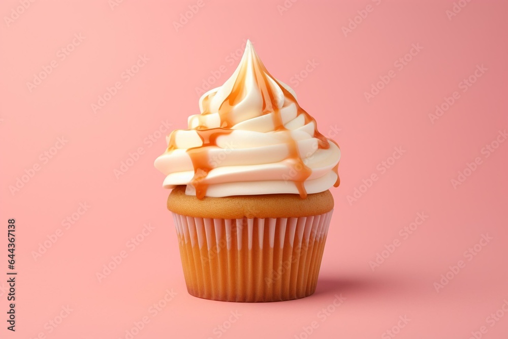 A vanilla cupcake with buttercream icing and caramel sauce on a pink background. A 3D cutout with room to write. Generative AI - obrazy, fototapety, plakaty 