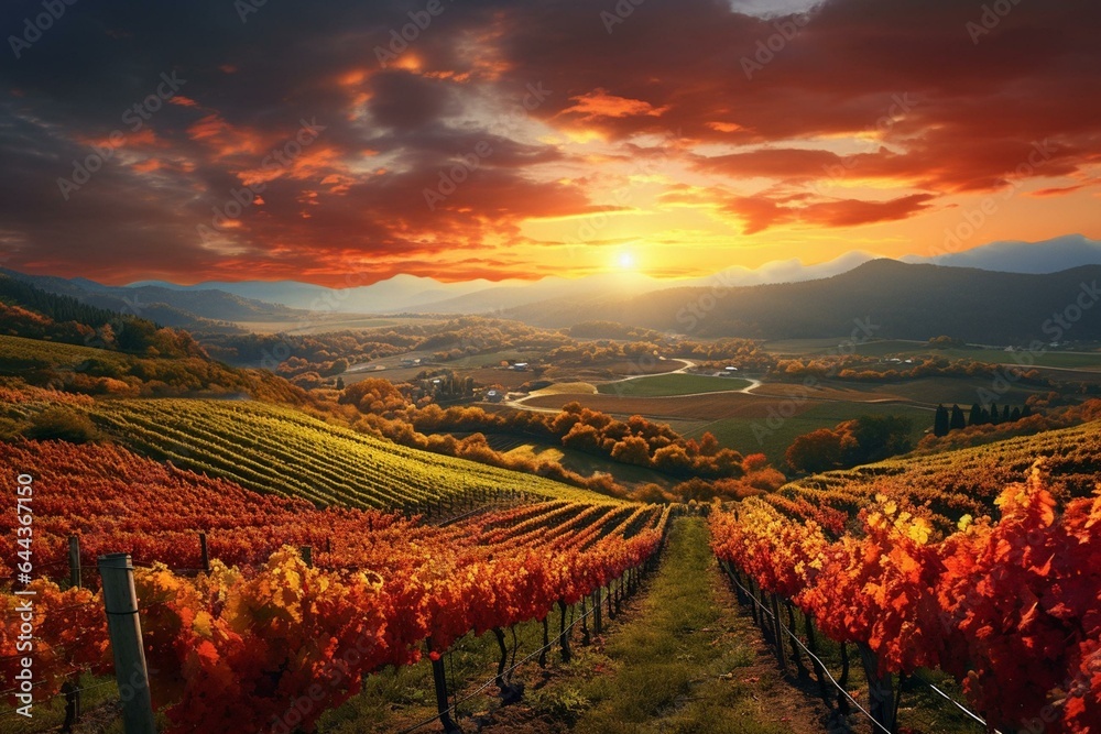 Experience the beauty of a wide-angle view of a cinematic autumn landscape immersed in rich vineyard colors. Generative AI
