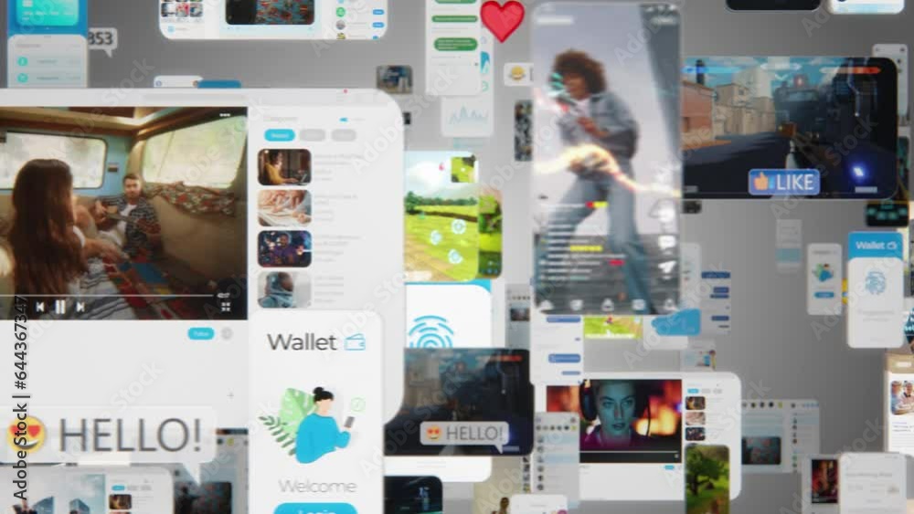 Light Digital Background with Different Online Services. Demonstration of Messenger Apps, Dating Profiles, Entertainment Viral Videos All Connected in One Social Network Visualization
