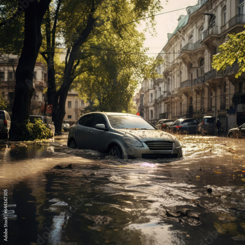 A car on a city street with a flood