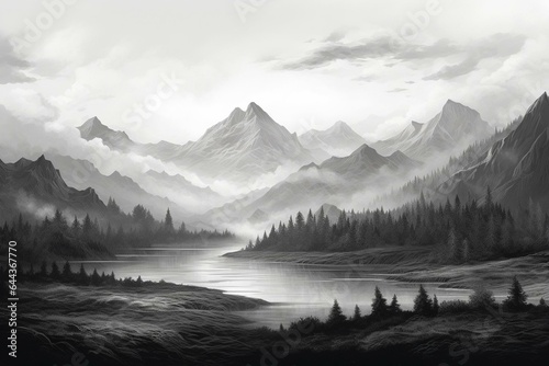 An illustrated greyscale landscape with mountains to the east and west. Generative AI photo