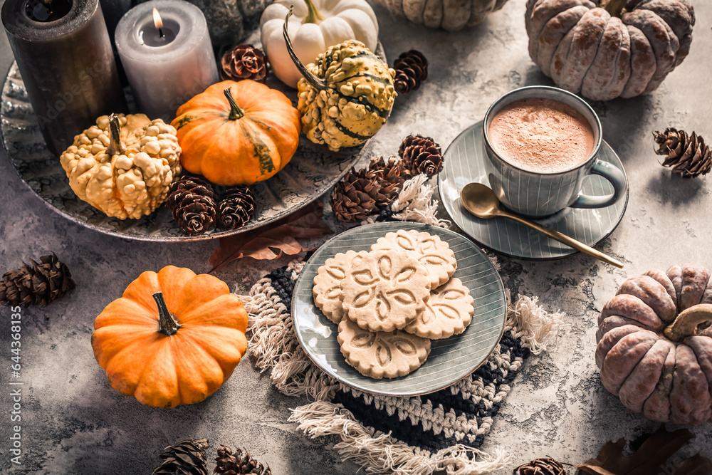 Chai chocolate  or hot cacao with chai cookies, pumpkins for Thanksgiving breakfast.