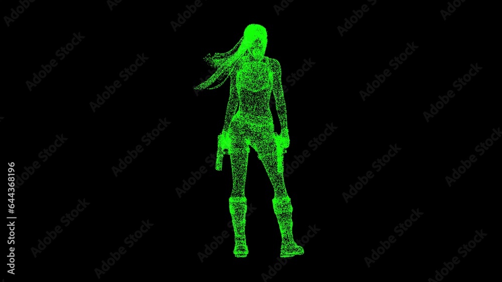 3D Woman with pistols on black background. Warrior Woman concept. Hitman Woman. Business advertising backdrop. For title, text, presentation. 3d animation.