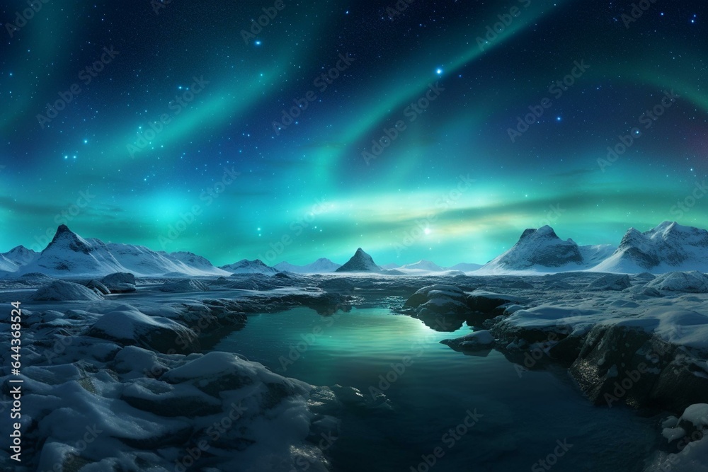 Panoramic HDRI of icy terrain with aurora in the sky. Generative AI