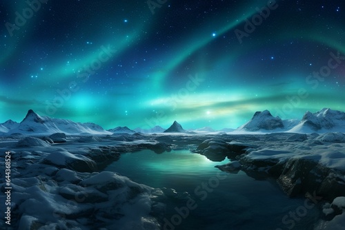 Panoramic HDRI of icy terrain with aurora in the sky. Generative AI © Beatriz