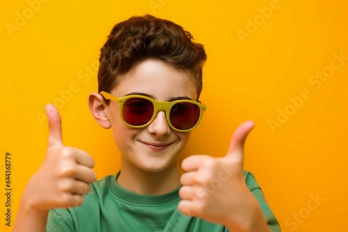 Boy sunglasses double thumb up gesture. Generate Ai