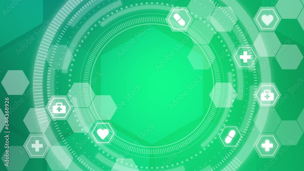 Light green medical animation of health care icons in hexagons on the