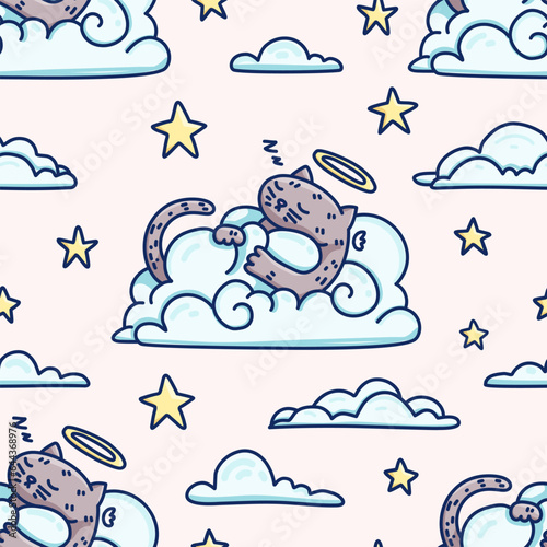 Cute pattern with fluffy angel cat on cloud. Seamless pattern for children room. Illustration of kitty in sky for textile. Vector