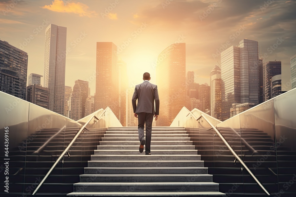 Back view of businessman walking up stairs on city background. Career and success concept