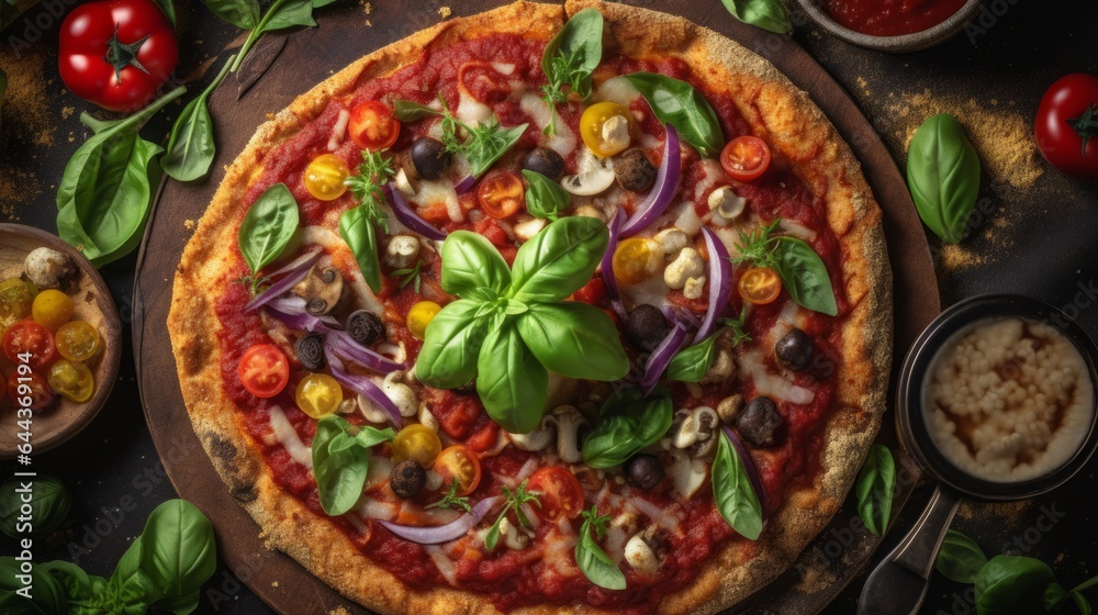 Delicious Italian Dinner: Savory Pizza with Fresh Tomato, Cheese & Vegetables, Perfect for Lunch or Dinner at a Cozy Restaurant, generative AI
