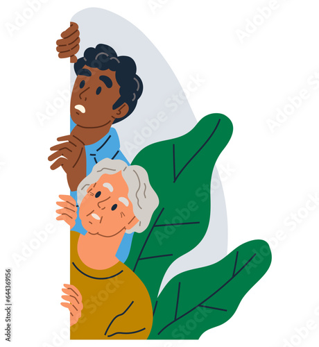 Spying, observing and sneaking. Vector illustration. Sneaking secret, covert operation painted in shadows Spying person, silent silhouette casting watchful eyes Making observation, craft of collecting