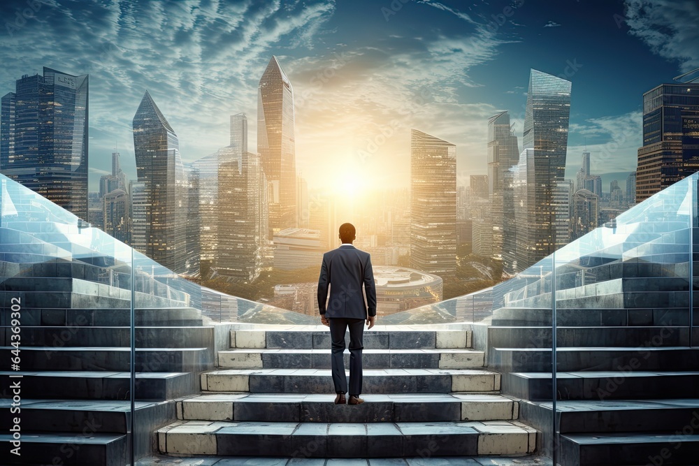 Obraz premium Back view of businessman walking up stairs on city background. Career and success concept
