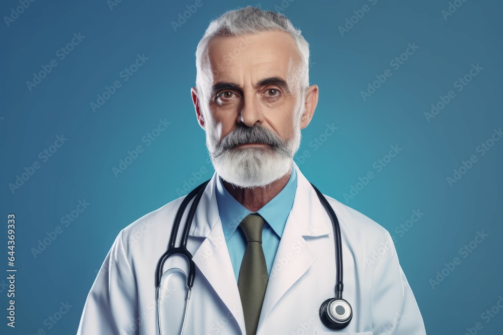 Mature senior doctor blue background. Generate Ai Mature senior doctor blue background. Generate Ai