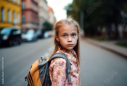 Serious school girl backpack. Generate Ai