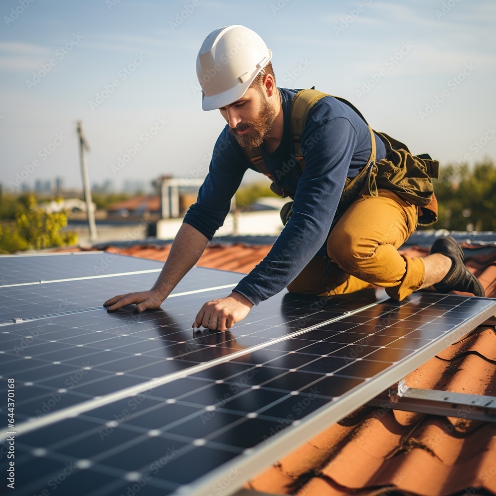 Engineer maintaining solar cell panels on the rooftop, Engineer worker install solar panel. Clean energy concept. Engineer maintaining solar cell panels on the rooftop, Engineer worker install solar panel. Clean energy concept.