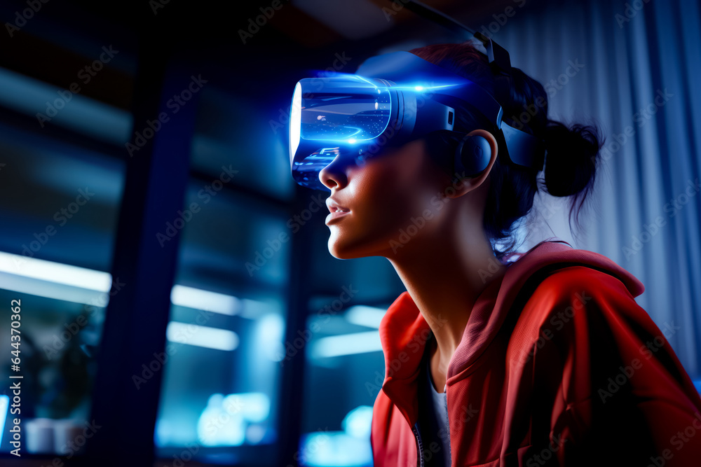 Woman in red jacket wearing pair of virtual reality headsets.