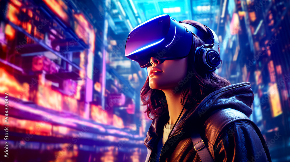 Woman wearing virtual reality headset in futuristic city at night.