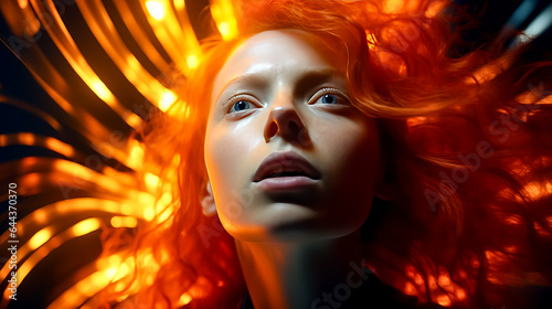 Woman with red hair and blue eyes is looking up at the sky.
