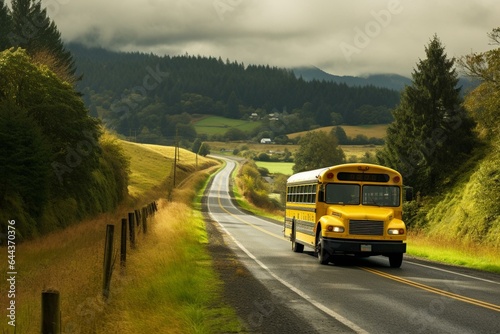 Yellow bus on rural Washington highway. Generative AI