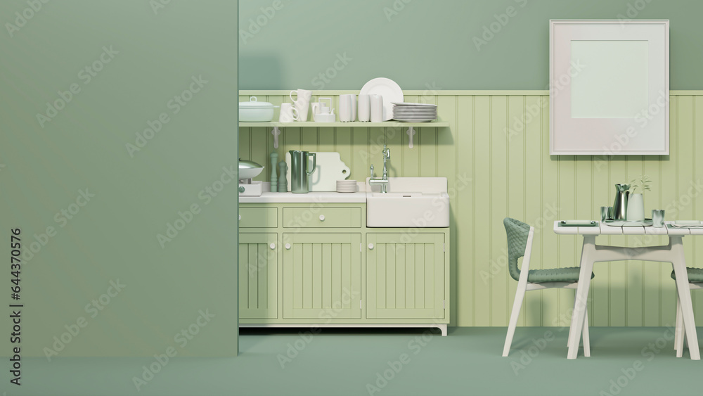 Obraz premium Green kitchen room and minimalist interior design. Stylish living pastel tone room interior of modern apartment and trendy furniture Home decor, 3D render, 3D illustration