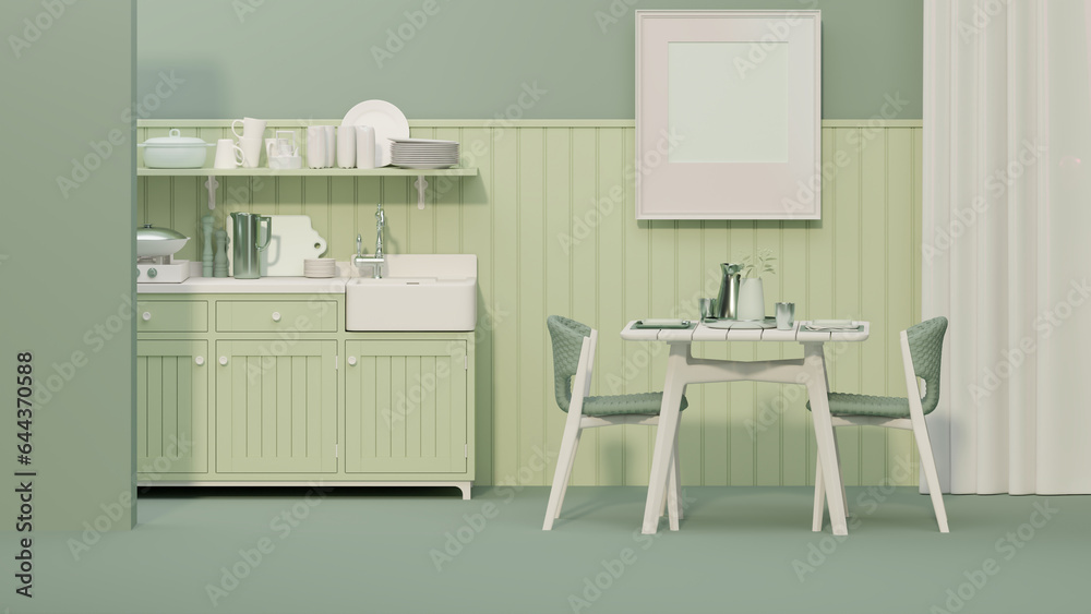 Obraz premium Green kitchen room and minimalist interior design. Stylish living pastel tone room interior of modern apartment and trendy furniture Home decor, 3D render, 3D illustration