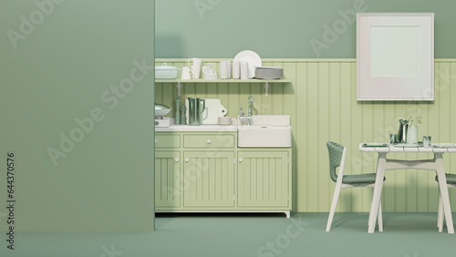 Green kitchen room and minimalist interior design. Stylish living pastel tone room interior of modern apartment and trendy furniture Home decor, 3D render, 3D illustration