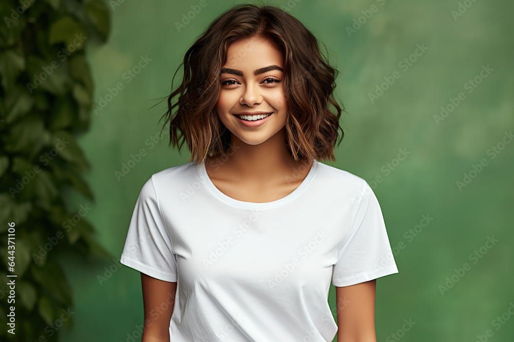 Young Woman Models Bella Canvas White Shirt Mockup Against Fresh Green Background. created with Generative AI Young Woman Models Bella Canvas White Shirt Mockup Against Fresh Green Background. created with Generative AI