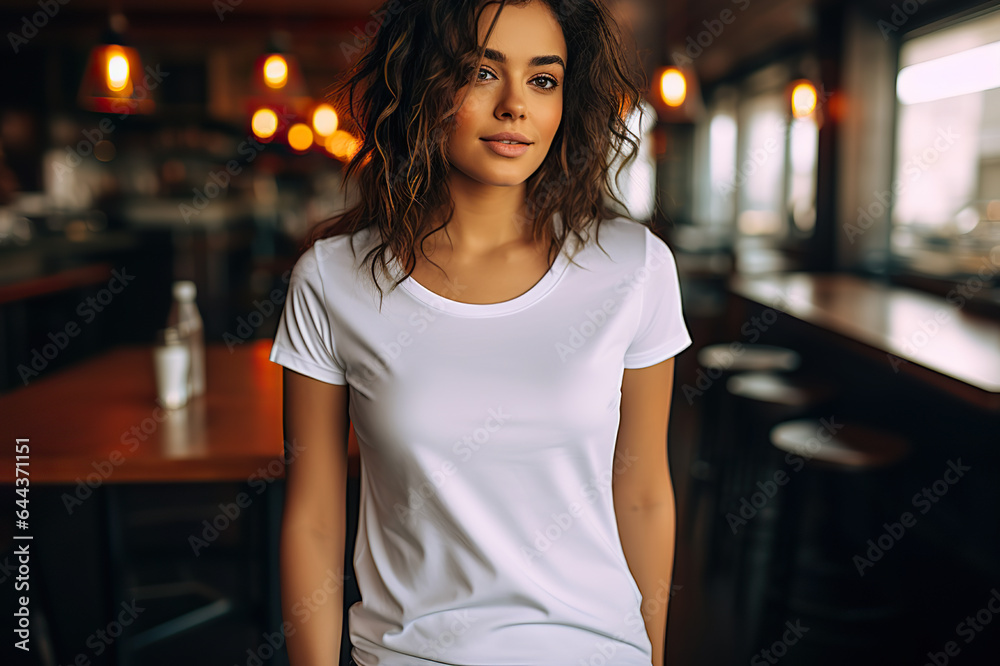 Young Woman in Bella Canvas White T-Shirt and Jeans at a Cozy Restaurant. created with Generative AI Young Woman in Bella Canvas White T-Shirt and Jeans at a Cozy Restaurant. created with Generative AI