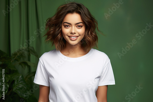 Young Woman Models Bella Canvas White Shirt Mockup Against Fresh Green Background. created with Generative AI