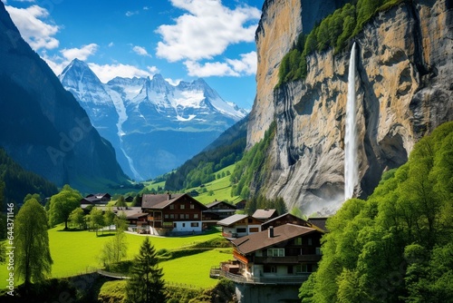 Stunning Swiss alps view of Lauterbrunnen village, featuring church and cascading waterfall. Generative AI