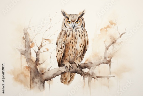 A sepia watercolor of a forest owl on a white background. Generative AI