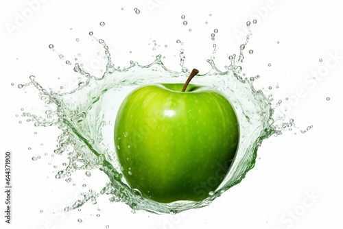 A white background with a vibrant green apple and a splash. Generative AI