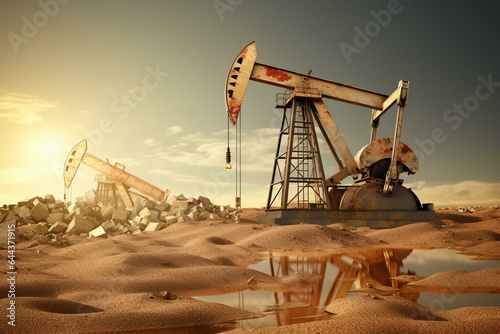 Increase in oil prices due to the war and global crisis, with oil drilling derricks in a desert oilfield and extraction of crude oil. Generative AI photo