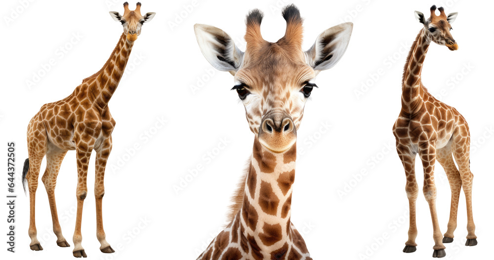 Giraffe collection (portrait, standing), animal bundle isolated on a white background as transparent PNG