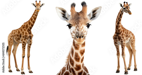 Giraffe collection (portrait, standing), animal bundle isolated on a white background as transparent PNG