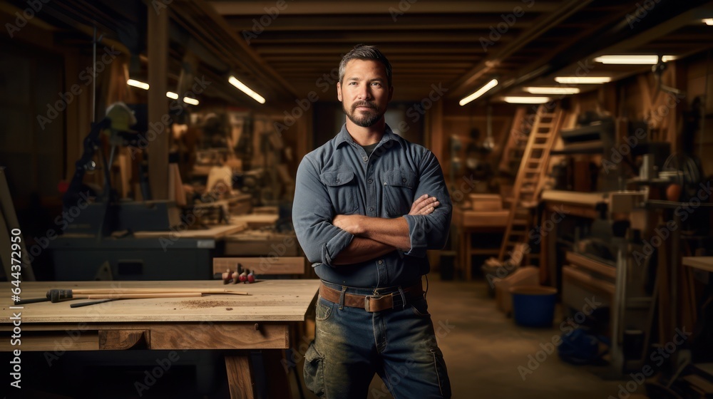 Carpenter is posing with his craft in a dusty workshop.