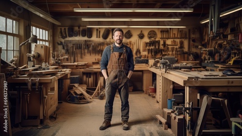 Carpenter is posing with his craft in a dusty workshop.