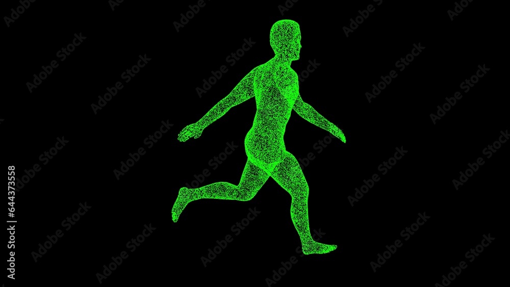 3D Running Man on black background. Sport and Recreation concept. Anatomy of a running man. Business advertising backdrop. For title, text, presentation. 3d animation.