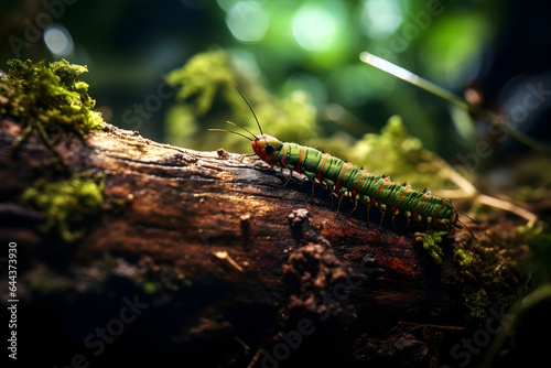 A colourful caterpillar crawling on mossy floor tropical paradise forest, surrounded by lush green plants and soft lighting.
