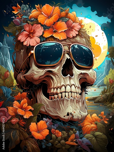 Skull with sunglasses and flowers. Created with Generative AI