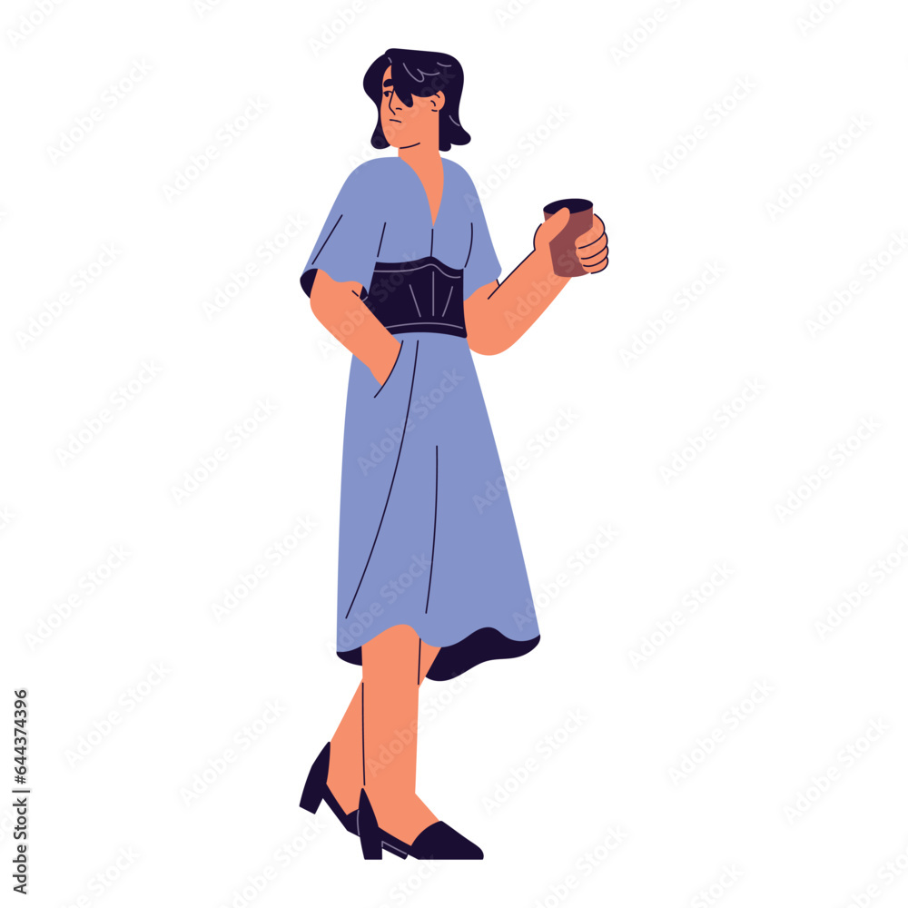 Woman in sundress walking. Girl in dress looking back, hold paper cup in hand. Person wearing summer clothing, outfit in urban style standing. Flat isolated vector illustration on white background