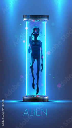 Scary Alien in glass capsule in laboratory. Captive alien in scientific research chamber in Zone 51. Creepy full-length space alien floats in liquid in hibernation chamber. Anthropomorphic creature.