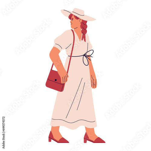Feminine redhead woman in a stylish summer dress and heeled shoes. Girl wearing elegant outfit in romantic style, walking with shoulder bag. Flat isolated vector illustration on white background