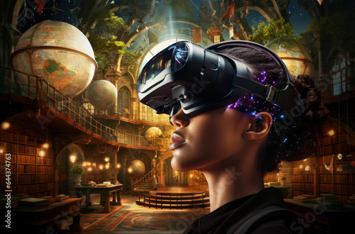 Young woman wearing VR glasses in fantasy academy building library world, Exploring education digital virtual