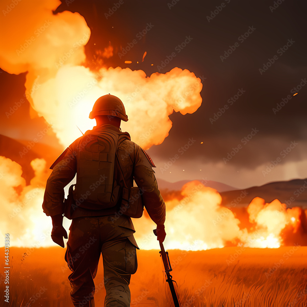 Obraz premium Soldier in a burning field