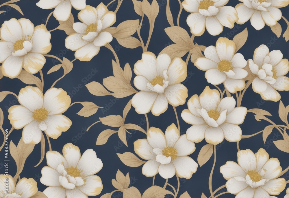 Abstract painted white flowers with gold leaves and dark blue background.