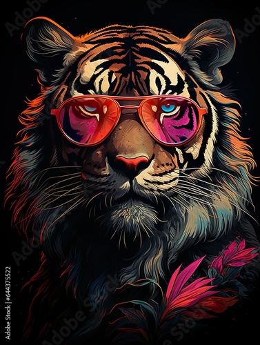 Front view of tiger with glasses. Created with Generative AI
