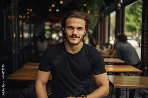 A Young Man Flaunts Bella Canvas Black T-Shirt and Jeans, Relishing Sunshine at a Cozy Restaurant, Showcasing T-Shirt Design Template and Print Presentation Mockup. created with Generative AI